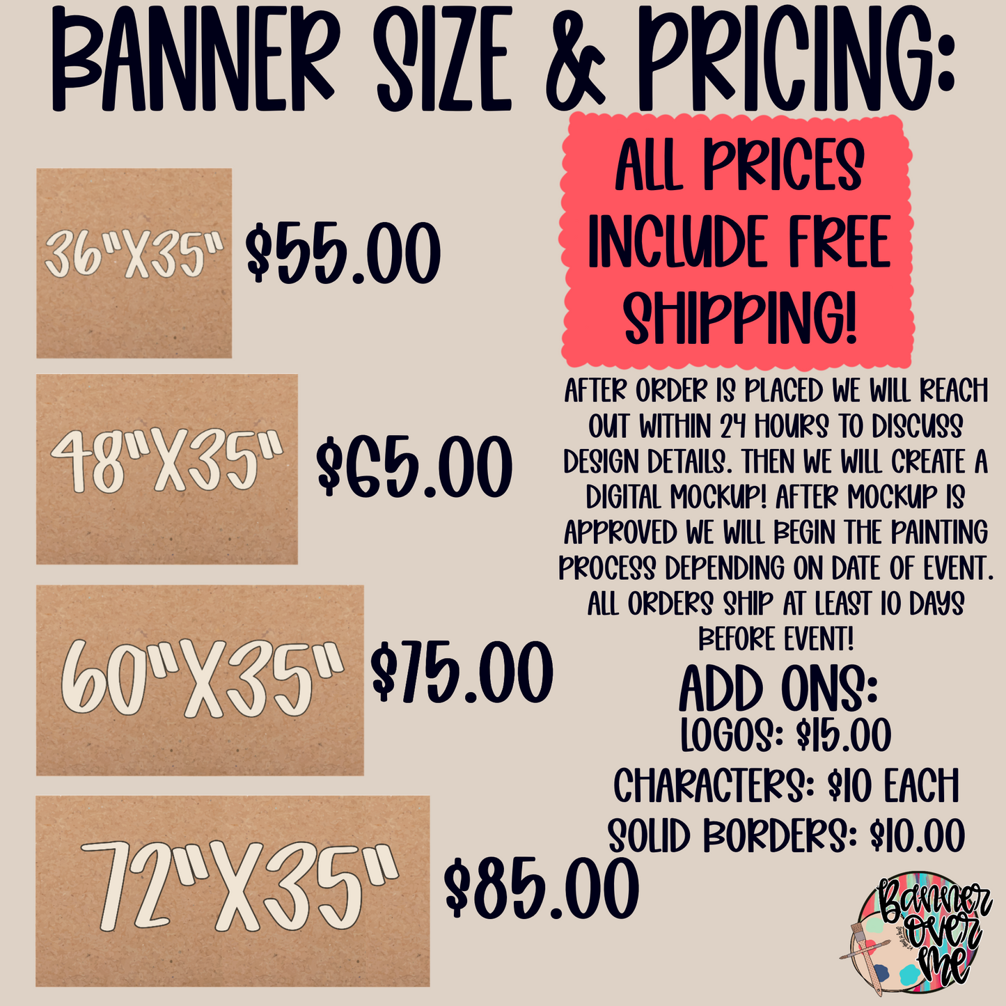 36” CUSTOM hand painted Banner - PLEASE ORDER 2 WEEKS in advance of your event date!